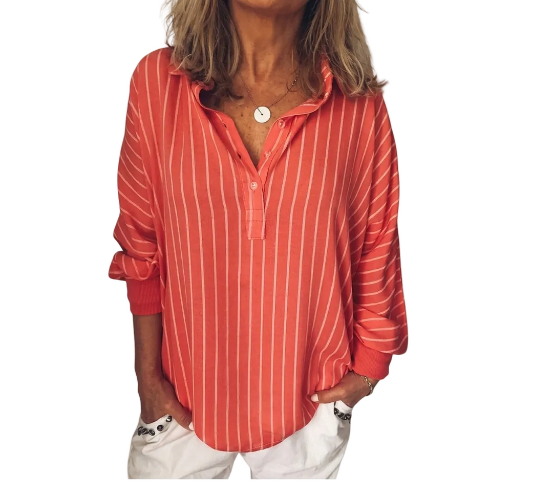 Elegante Damen Streifenbluse mit halber Knopfleiste. Bequeme Langarm Hemdbluse, ideal für Business & Freizeit.