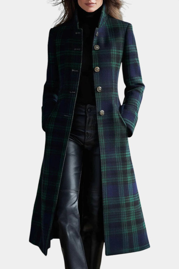 Eleganter Damen Midi-Mantel in Grün-Blau, kariert & strukturiert. Warmer Herbst/Winter-Damenmantel für stilvolle Looks.