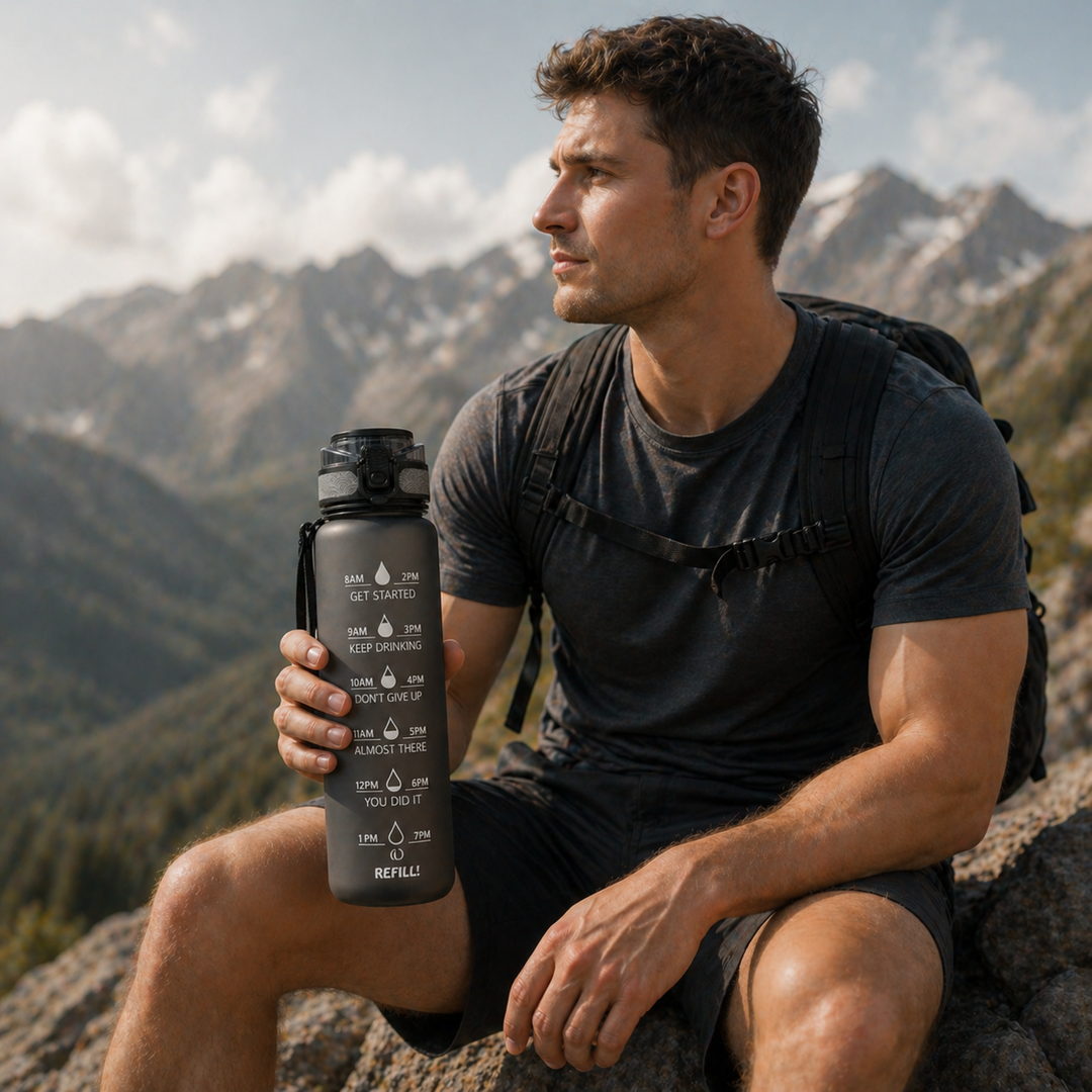 Outdoor-Sportflasche 1L aus Tritan, BPA-frei, mit Zeitmarkierungen & Trageschlaufe für aktive Menschen.