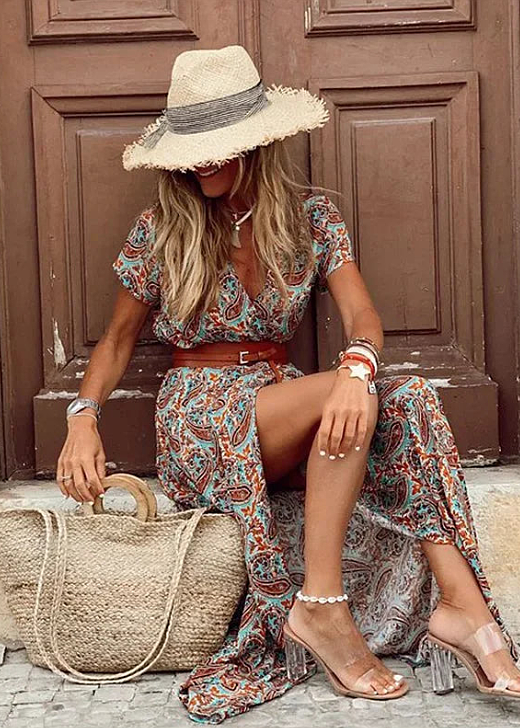 Fließendes Damen Maxikleid, Paisley Sommerkleid, kurzarm mit Taillengürtel, elegant und bequem für Freizeit.