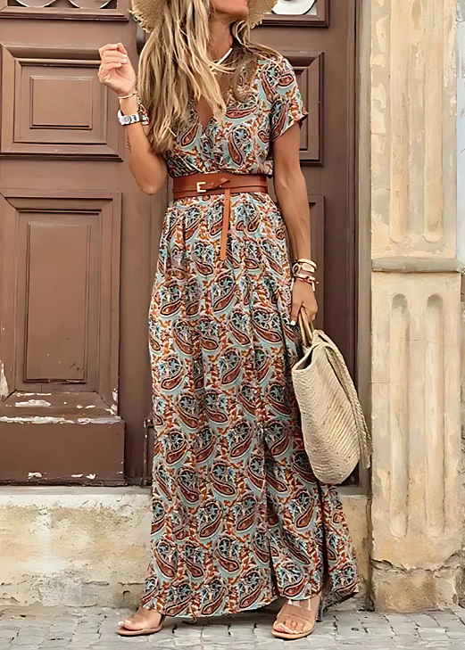 Luftiges Sommer Maxikleid für Damen, buntes Paisley Muster, Kurzarm, schmeichelhafter Taillengürtel.