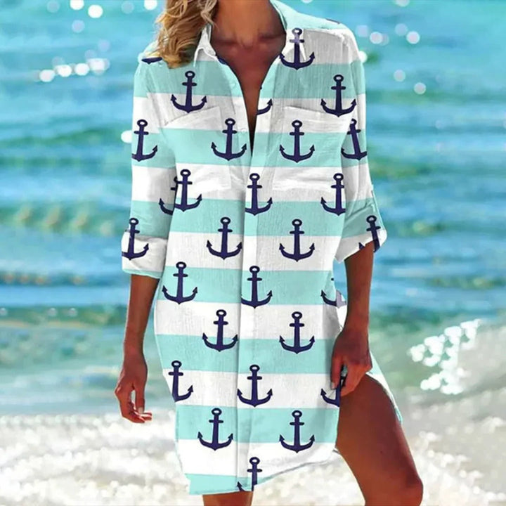 Damen Freizeitkleid mit auffälligem tropischem Druck, kurze Ärmel, ideal für warme Tage.