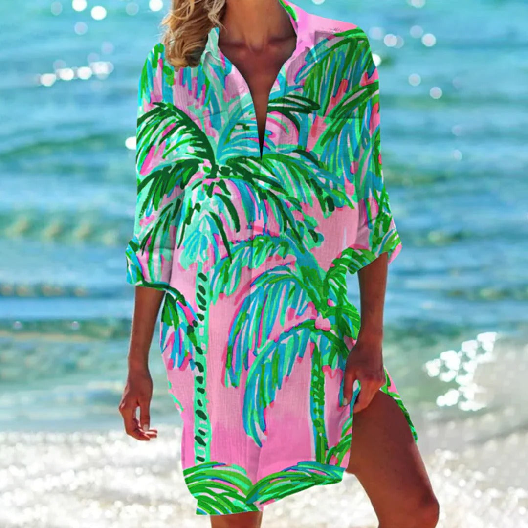 Casual Damen Sommerkleid mit floralem Tropendruck und Hemdkragen, bequem und stilvoll.