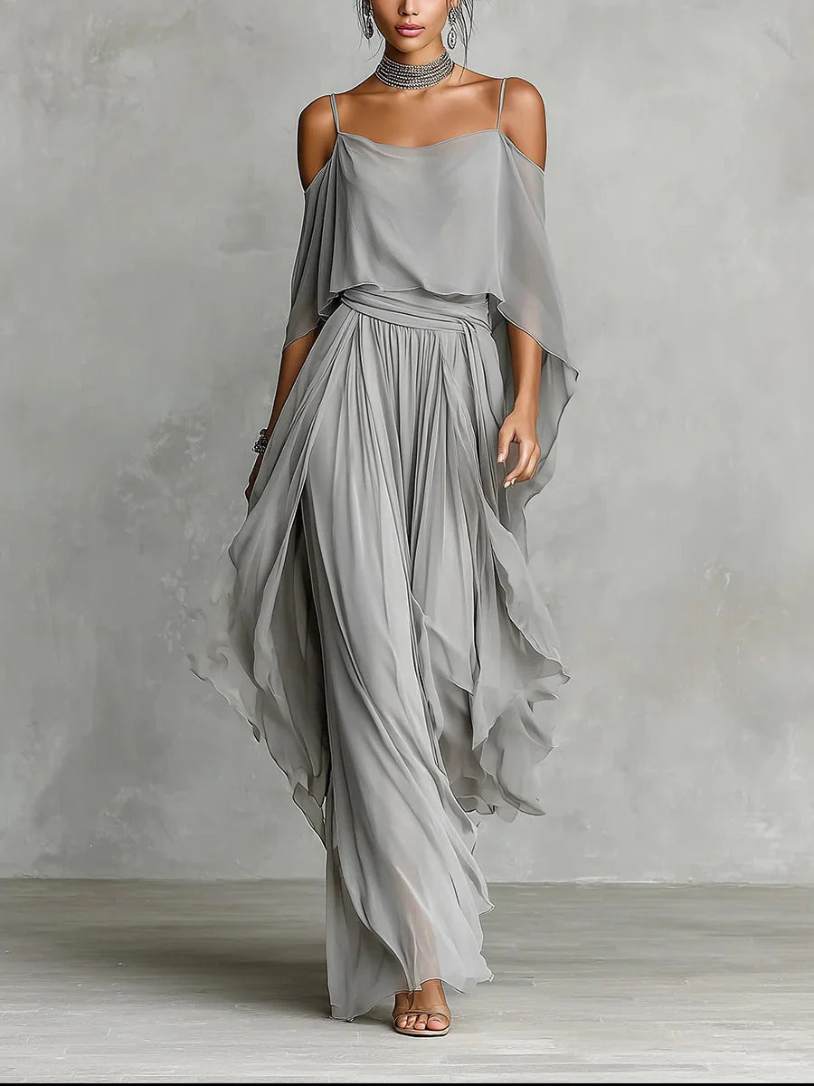 Elegantes graues Damen Off-Shoulder Zweiteiler Set mit weitem Bein. Ideal für Sommerabende oder besondere Anlässe.