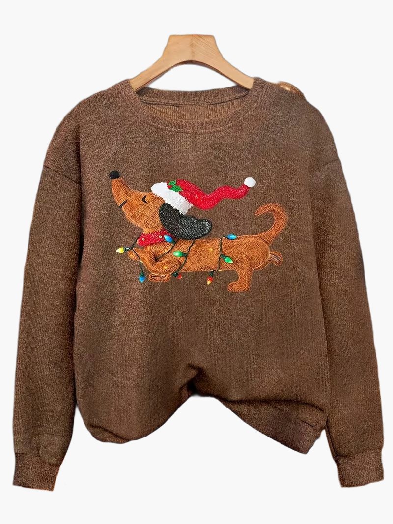 Damen Weihnachtspullover mit süßem Dackelmotiv, festlicher Strick für gemütliche Wintertage und Feiertage.
