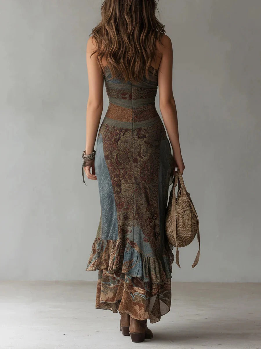 Langes braunes Damen Maxikleid mit auffälligem ethnischem Print und asymmetrischem Saum für den Sommer.