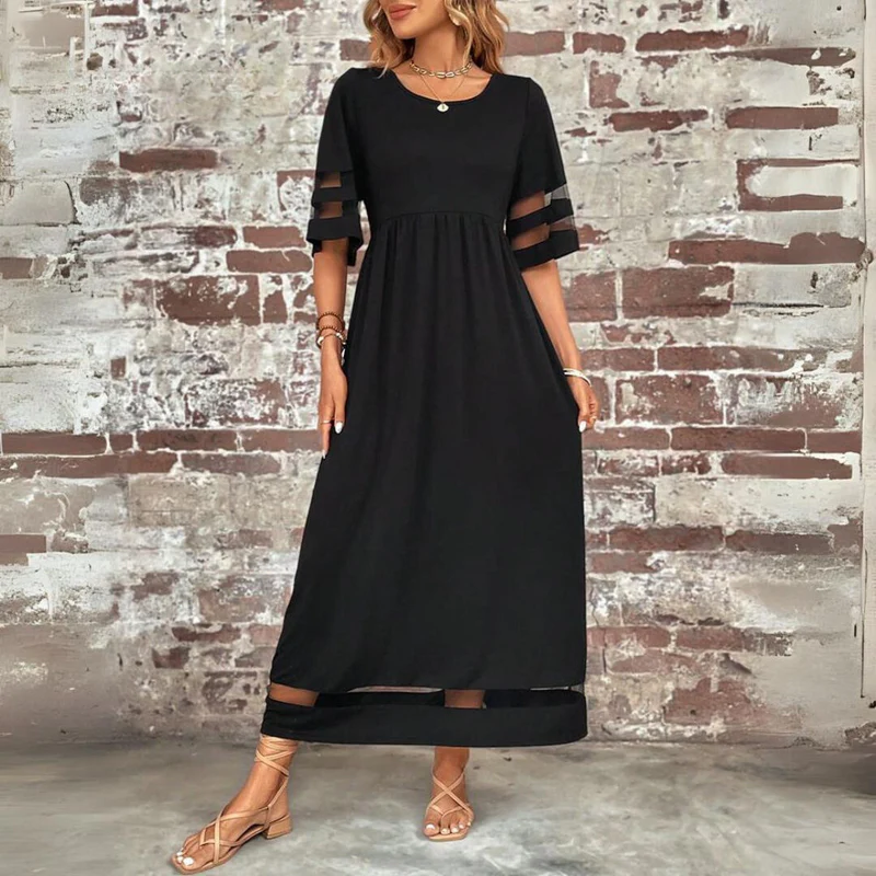 Damen Midi-Kleid, Schwarz, figurbetont mit Bauchweg-Effekt. Zeitloses Design, perfekt für Büro & Freizeit.