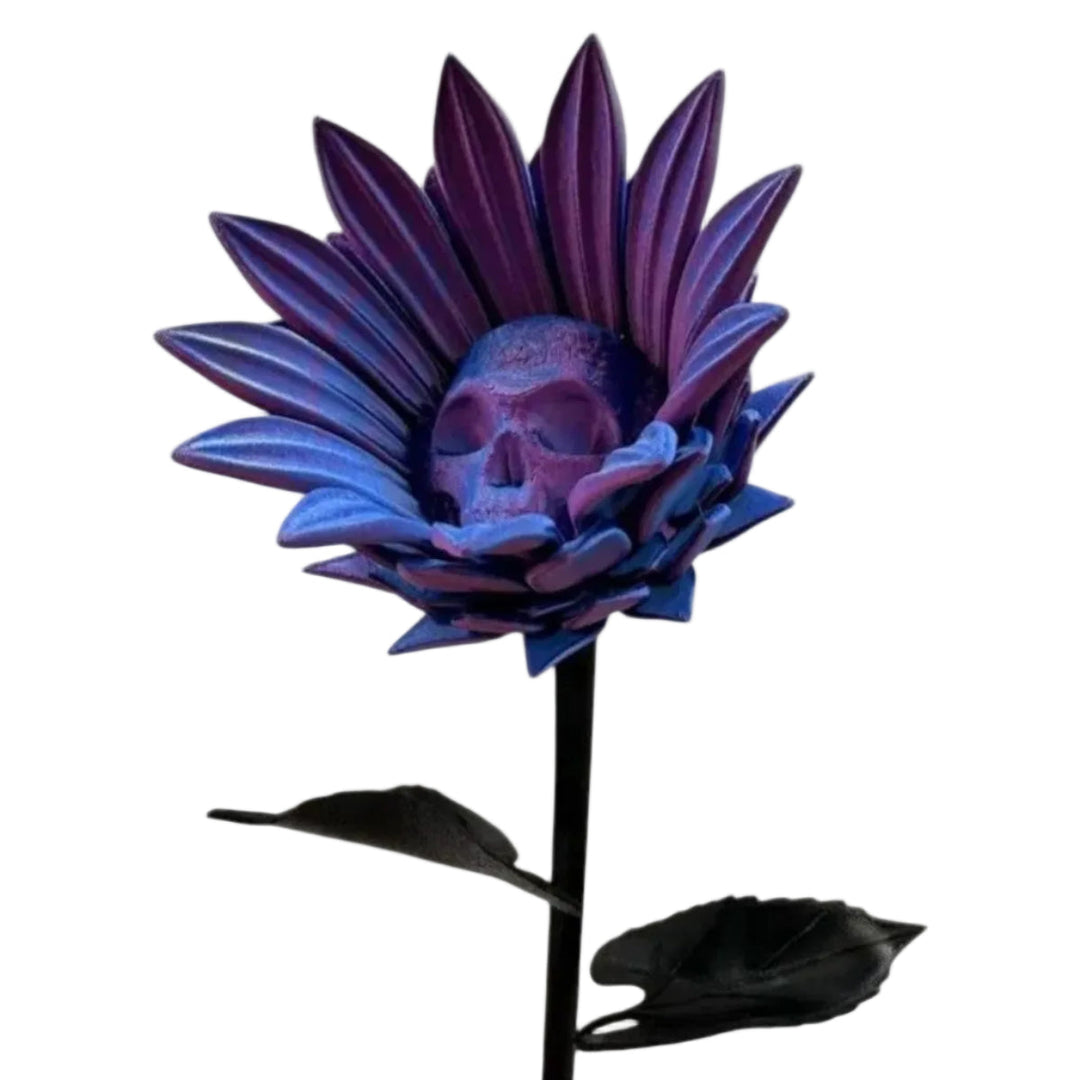 Buntes 3D gedrucktes Sonnenblumen-Schädel Ornament. Florale Gothic-Deko Skulptur für Halloween- & Wohndeko.