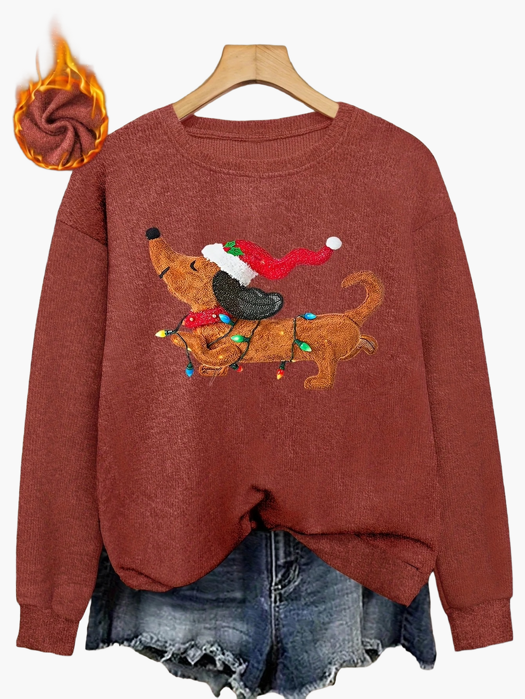 Moderner Damen Strickpullover mit charmantem Dackel-Design. Festliche und bequeme Weihnachtsmode für Frauen.