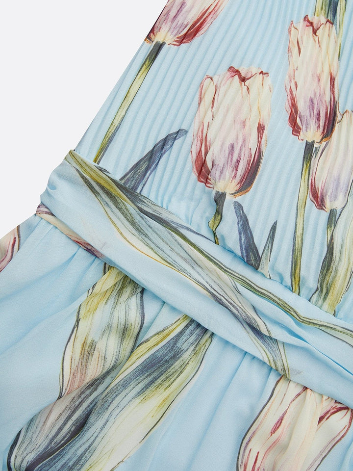 Elegantes Damen A-Linie Maxikleid mit Tulpenmuster und V-Ausschnitt, perfekt für sommerliche Feste und Events.