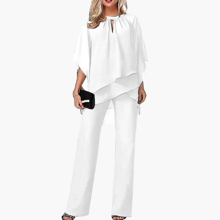Damen-Hosenanzug elegant, festlich. Abendmode mit Überwurf, weitem Bein & Keyhole Ausschnitt für Gala & Einladungen.
