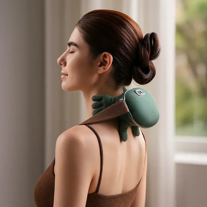 Wiederaufladbares Massagegerät mit USB-C-Kabel; bereit für entspannende Druckmassage zu Hause.