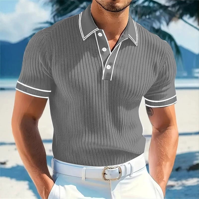 Schwarzes, klassisches geripptes Herren Polo-Shirt; zeitloses Design für Business & Alltag.