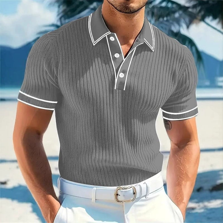 Schwarzes, klassisches geripptes Herren Polo-Shirt; zeitloses Design für Business & Alltag.