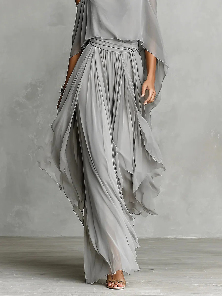Stilvolles graues Off-Shoulder Damen Set mit weitem Bein. Perfekt als Freizeitoutfit oder schicke Abendmode für den Sommer.