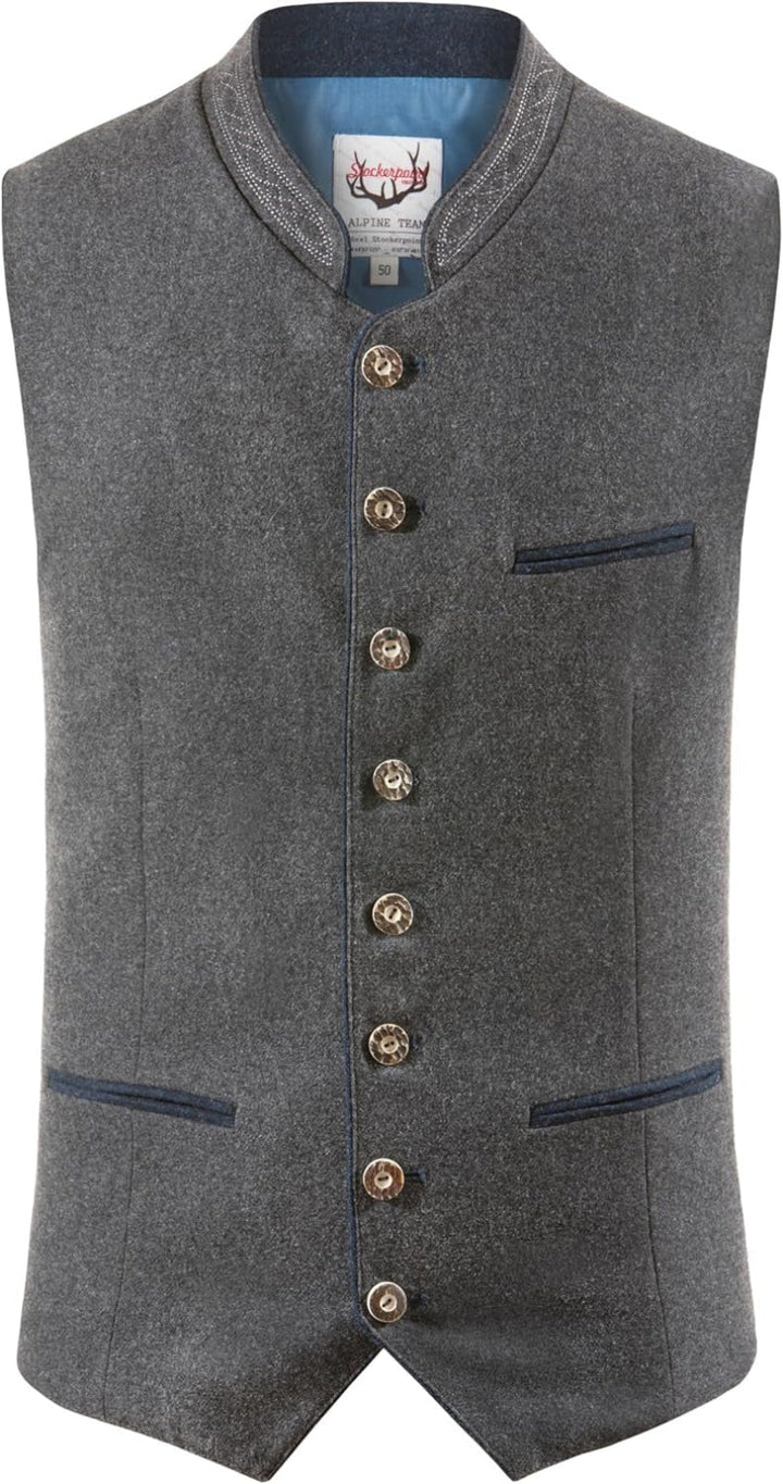 Traditionelle Herren Trachtenweste in Grau, ideal für Oktoberfest und Trachtenfeste. Elegante Herrenweste.