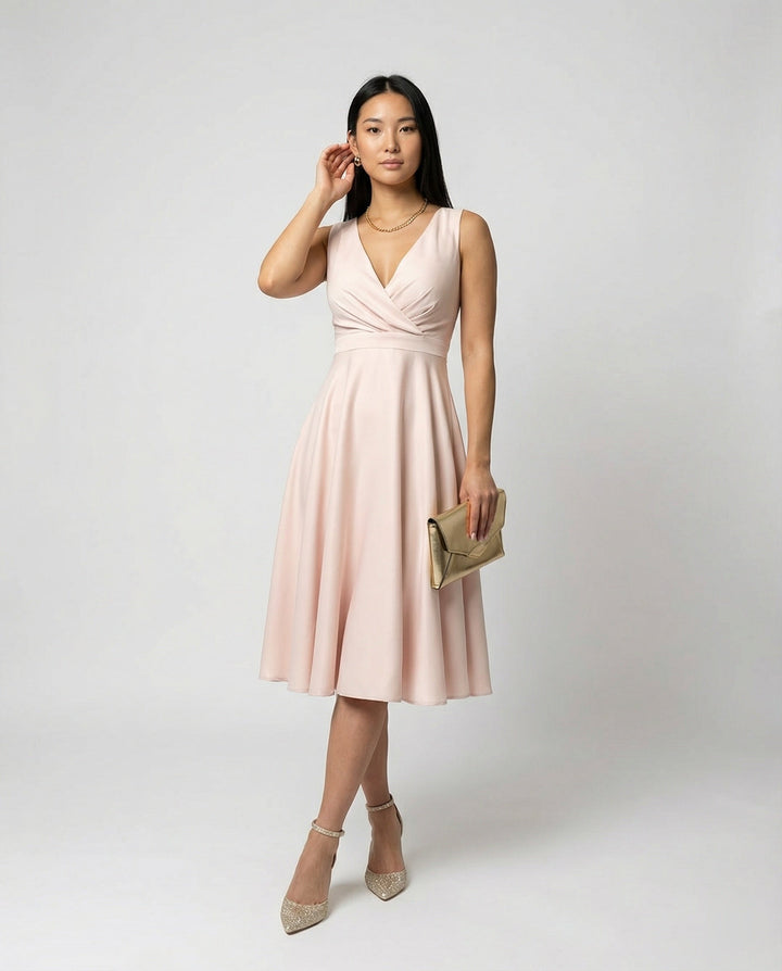 Elegantes Damen A-Linien Kleid Matilda mit V-Ausschnitt und Reißverschluss, perfekt für Sommer & Party.