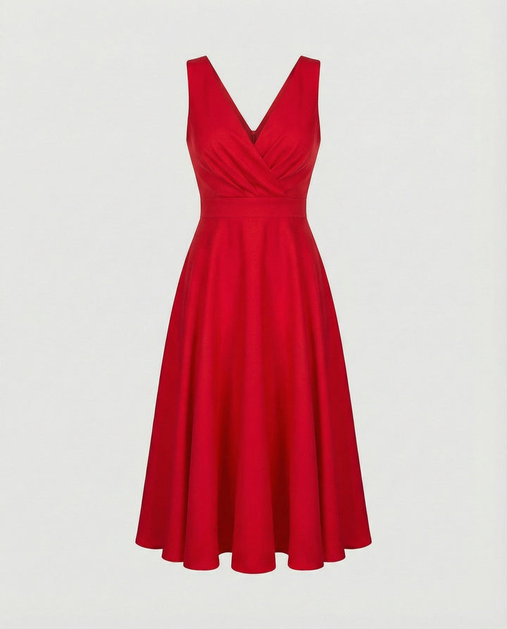 Detailaufnahme des V-Ausschnitts am Damen A-Linien Kleid Matilda, mit Reißverschluss. Elegantes Design.