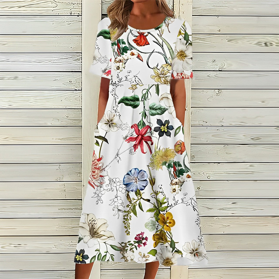 Elegantes Damen Sommer Midikleid mit Blumenmuster, kurzarm, leicht und luftig für Freizeit-Outfits.