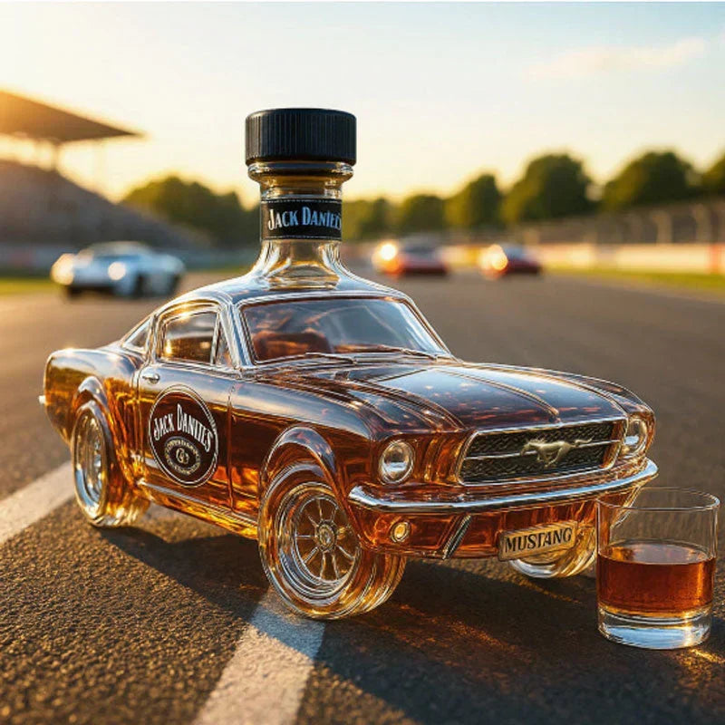 Edler Whiskey Dekanter im Autodesign, stilvolle Glasflasche für Sammler und Liebhaber von Spirituosen.