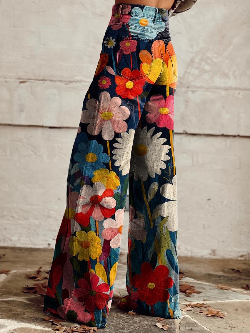Modische Wide-Leg Damenjeans mit floralem Blumenmuster, bequem für Freizeit, Alltag und Herbst-Outfits.