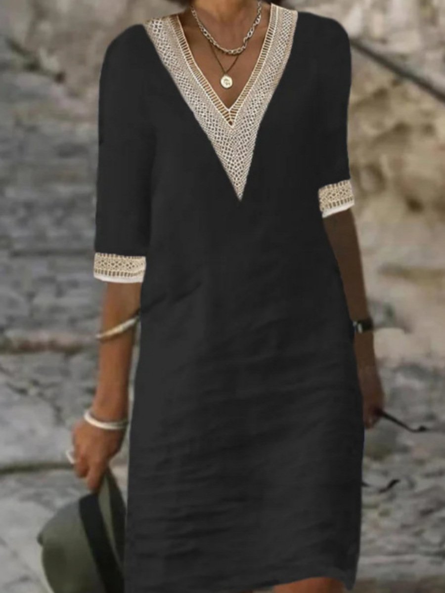 Bequemes Damenkleid mit V-Ausschnitt & elegantem Spitzenbesatz an 3/4-Ärmeln, lässige Herbstmode.