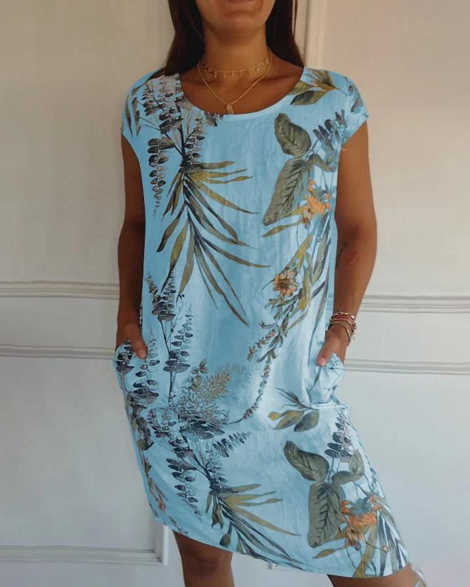 Lockeres Sommerkleid für Damen mit V-Ausschnitt und Taschen, ideal als Strandkleid oder Freizeitkleid.