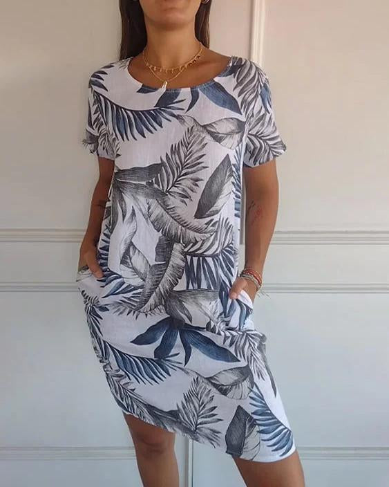 Elegantes Damen Sommerkleid, kurzärmlig, mit V-Ausschnitt und Taschen, perfekt für Frühling und Strand.
