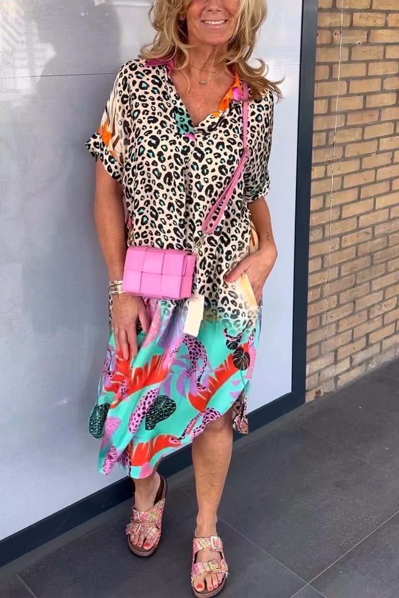 Modisches Damen Sommerkleid mit Leopardenprint, kurzarm. Bequemes und vielseitiges Casual Kleid für Frauen.