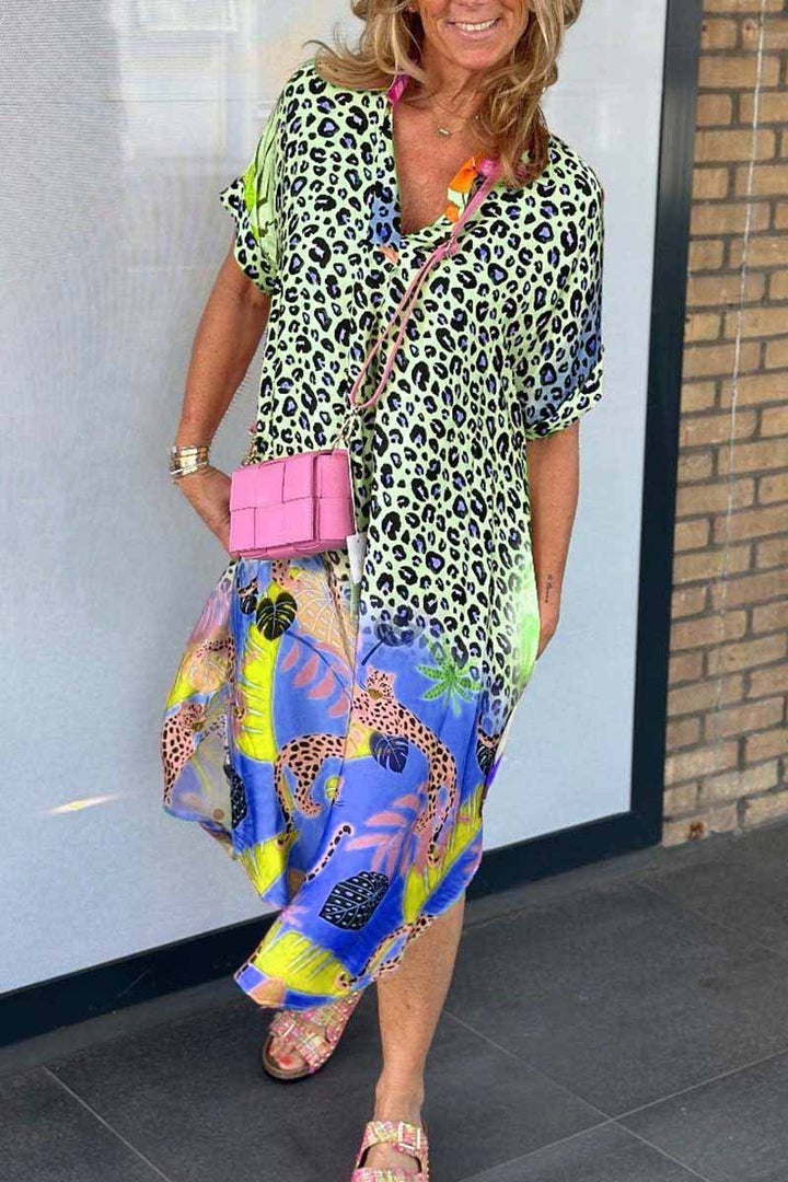 Attraktives Damen Kurzarmkleid mit Leopardenmuster. Leichtes und modisches Sommerkleid für entspannte Tage.