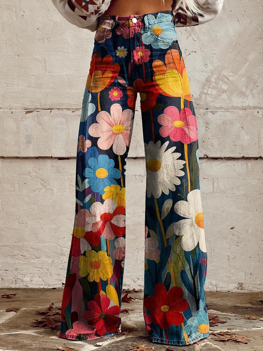 Damen High-Waist Wide-Leg Jeans mit elegantem Blumenmuster für herbstliche Eleganz und ganzjährigen Komfort.