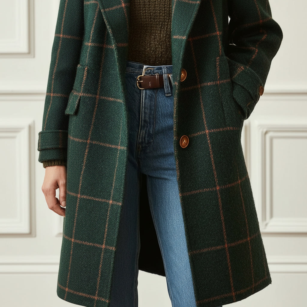 Elegante Damenjacke mit Karomuster für Herbst/Winter. Figurbetonte Passform, perfekt als stilvolle Arbeitsjacke.