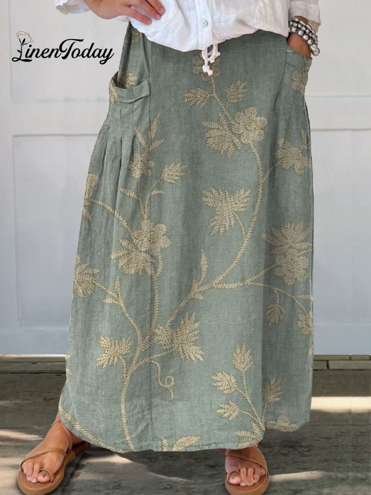Eleganter grüner Damen Linnen Maxirock mit Blumenmuster, perfekt für Frühling, Sommer & Herbst.