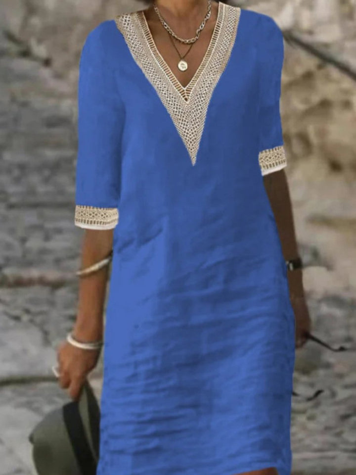 Vielseitiges Damen Freizeitkleid mit V-Ausschnitt, 3/4-Ärmeln & Spitze, perfekt für Sommer & Herbstmode.