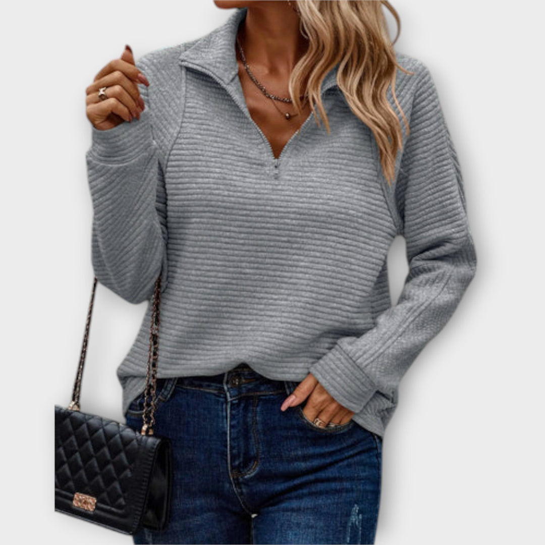 Modischer Damen Strickpullover, V-Ausschnitt & Reißverschluss Detail, ideal für Casual Chic Looks.