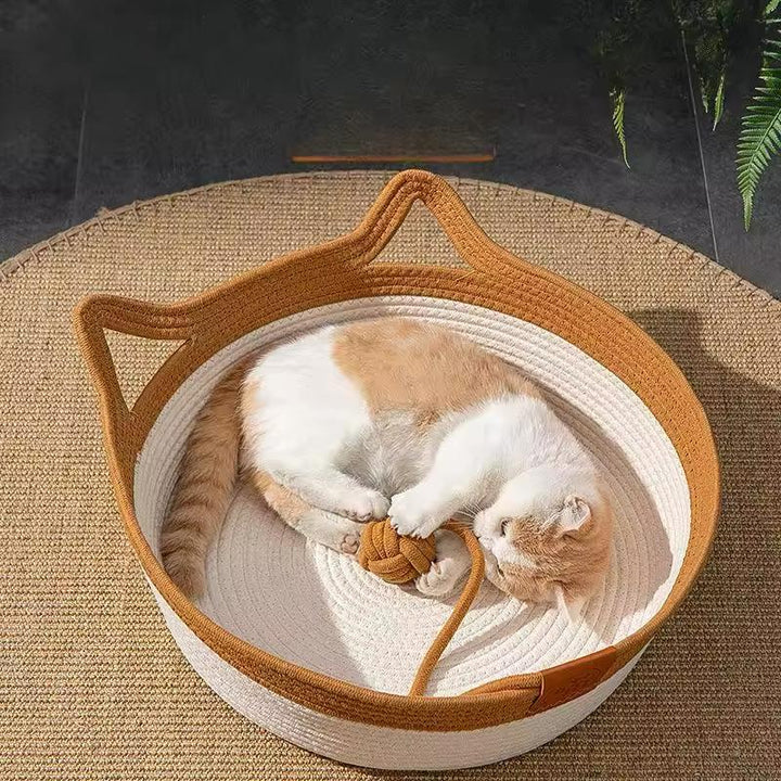 Handgewebtes Katzenbett aus Baumwolle, gemütlich für kleine bis große Katzen.