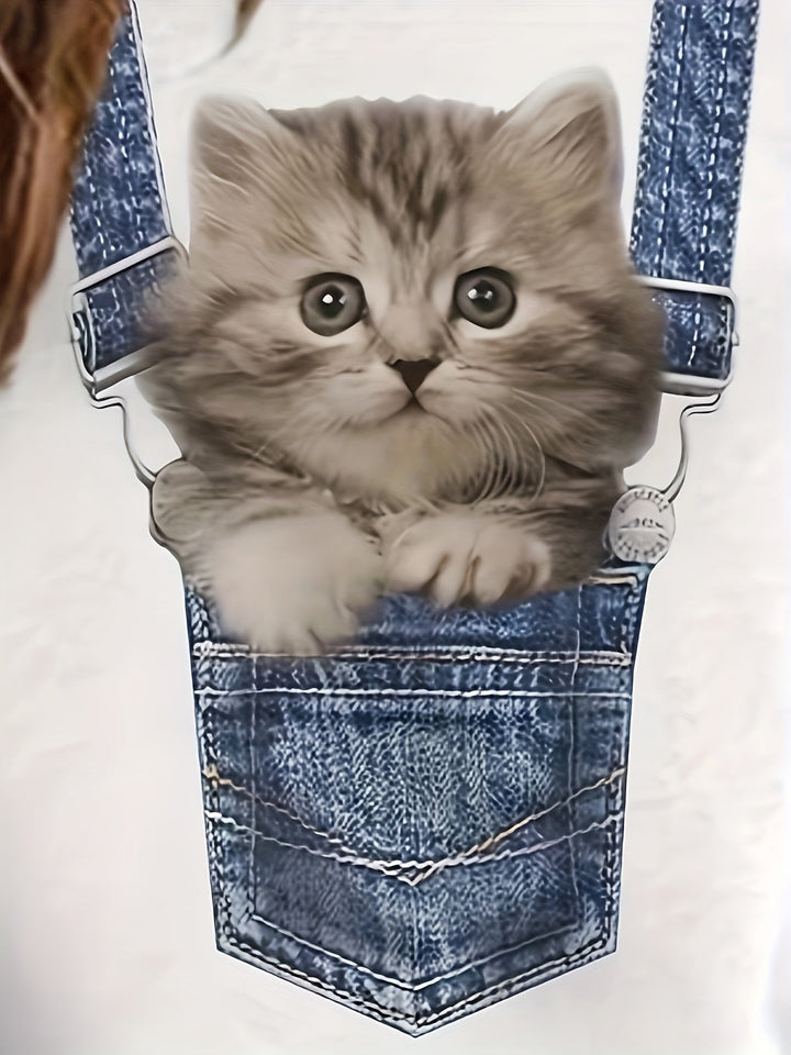 Vielseitiges Damen T-Shirt mit fröhlichem Katzenprint und modernem Farbblockdesign, ideal als trendiges Oberteil.
