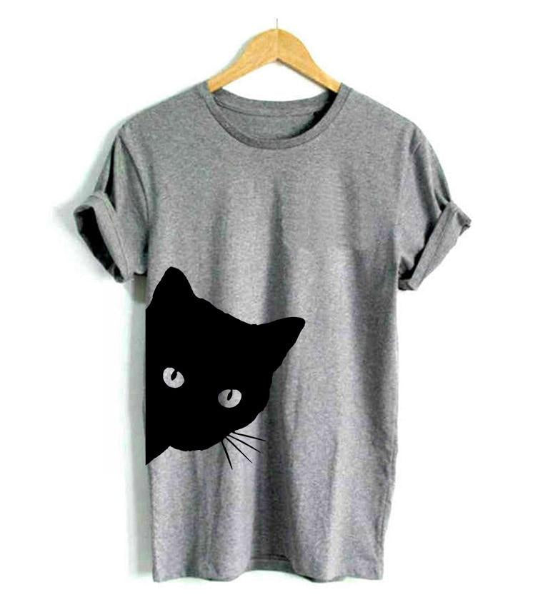 Damen T-Shirt mit charmantem Katzenmotiv in Schwarz, ideal für Katzenliebhaberinnen und moderne Freizeitlooks.