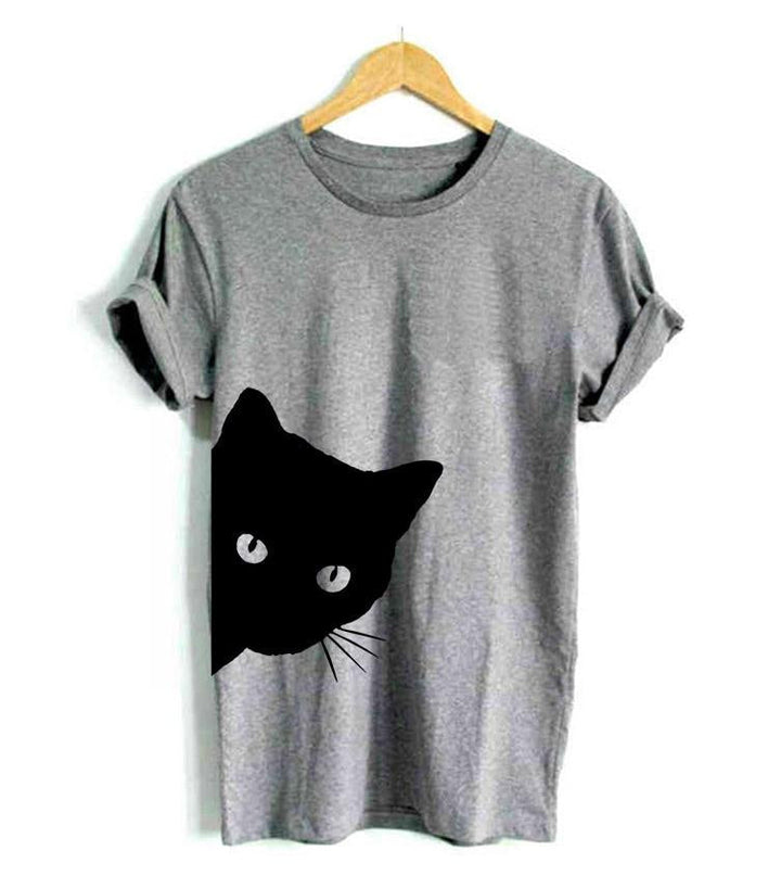 Damen T-Shirt mit charmantem Katzenmotiv in Schwarz, ideal für Katzenliebhaberinnen und moderne Freizeitlooks.