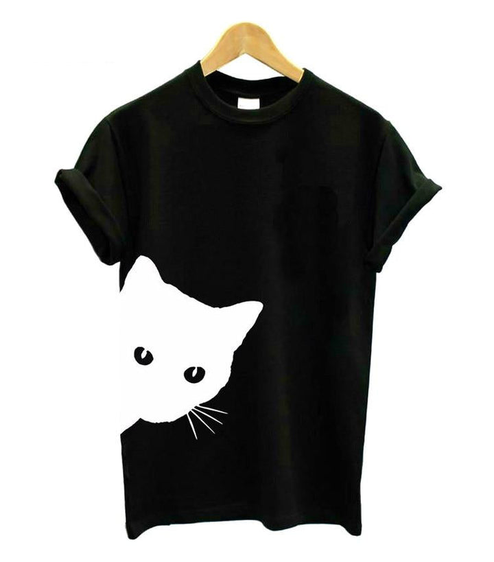 Stilvolles Kurzarmshirt für Damen mit süßem Katzenprint, perfekt für den Alltag und als Geschenkidee.