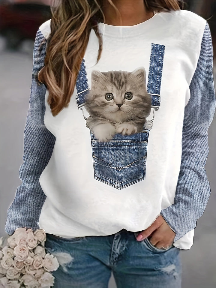 Damen Sommer T-Shirt mit verspieltem Katzenprint und modischem Farbblock Design, kurzärmelig für Freizeit.