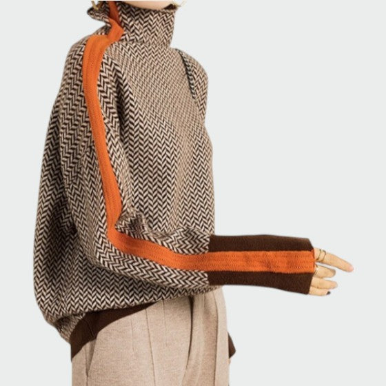 Gemütlicher Strickpullover für Damen, mit Rollkragen und kontrastfarbenem Strukturmuster in Orange & Grün.