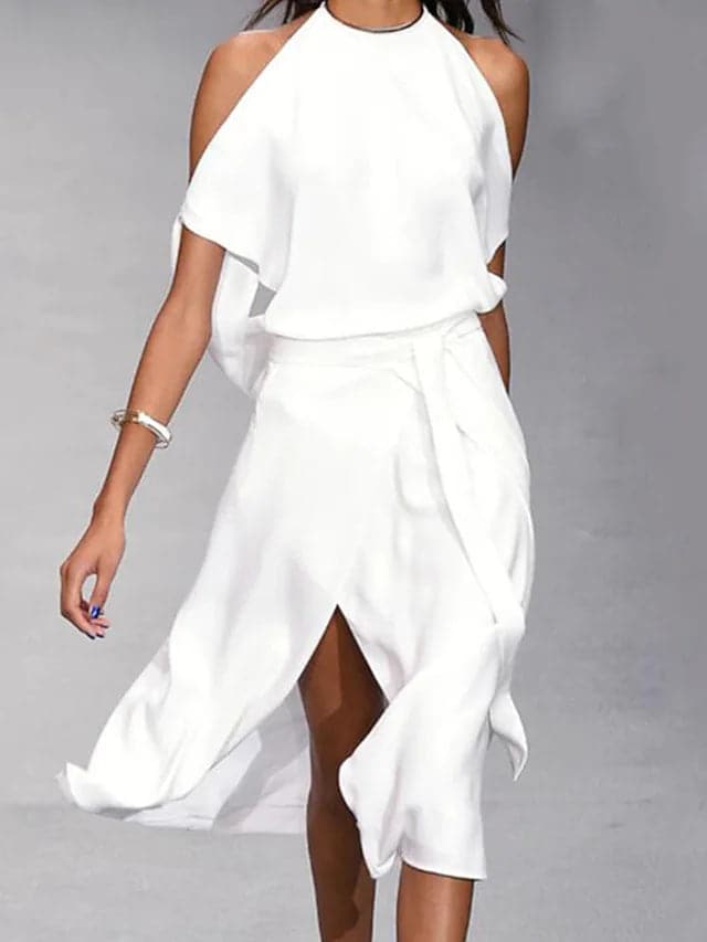 Feminin-elegantes Damen Midikleid mit Cold-Shoulder Schnitt, fließend und vielseitig als Sommer- oder Partykleid. Mit stilvollen offenen Schultern.