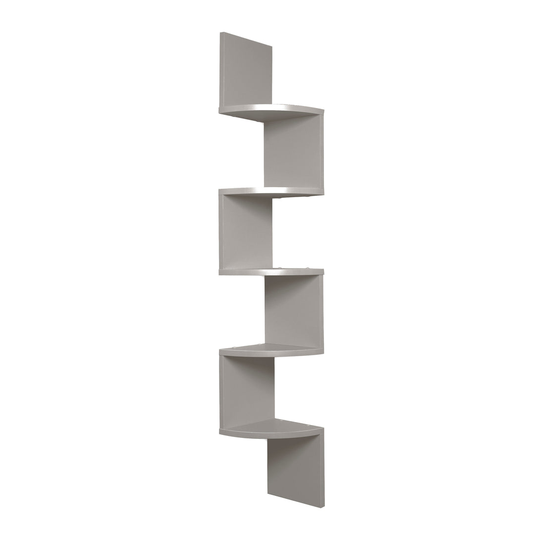Detailansicht des modernen Zickzack-Designs eines Eckregals, zeigt hochwertige Verarbeitung.