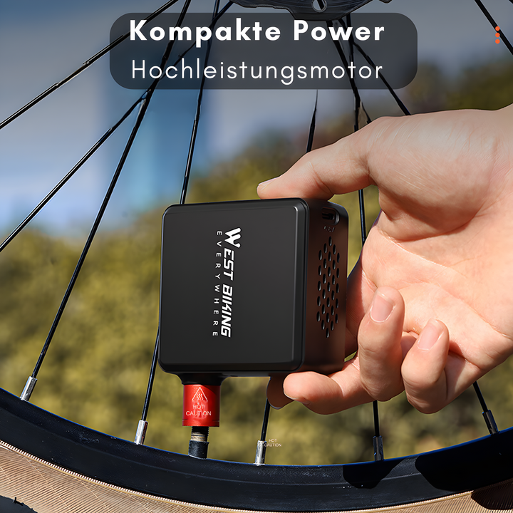 Kompakte, tragbare Elektro-Luftpumpe PowerPump Mini für Fahrradreifen & Autoreifen mit digitaler Anzeige.