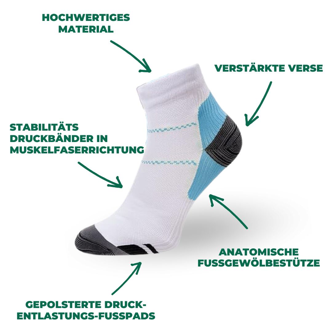 Sport-Kompressionssocken unisex, orthopädisch, unterstützen müde Füße & fördern Regeneration nach Training.