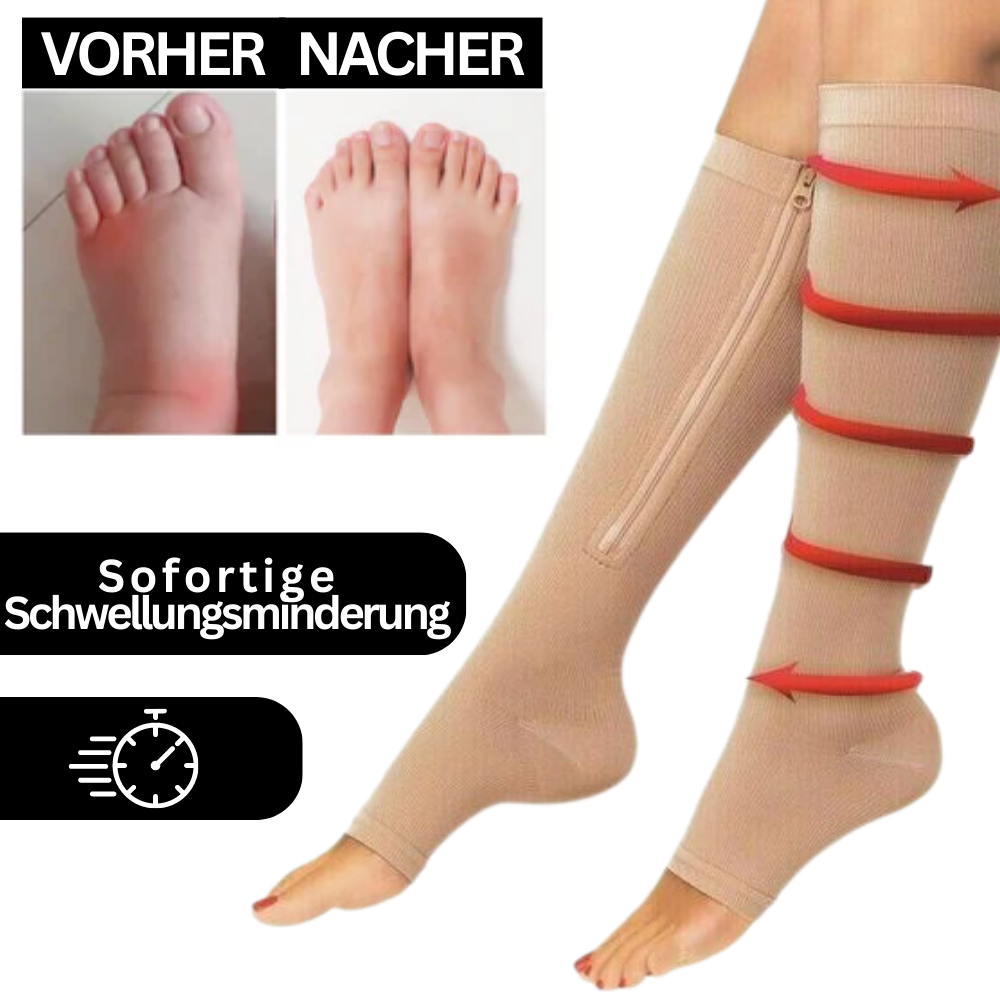 Komfortable Kompressionssocken mit Zipper, lindern Schwellungen und Schmerzen in Füßen und Beinen effektiv.