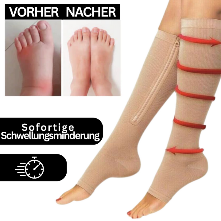 Komfortable Kompressionssocken mit Zipper, lindern Schwellungen und Schmerzen in Füßen und Beinen effektiv.