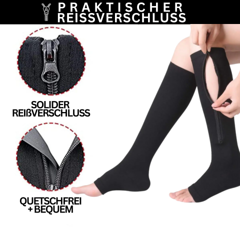 Orthopädische Zipper-Kompressionsstrümpfe fördern gesunde Durchblutung und beugen Thrombose vor.