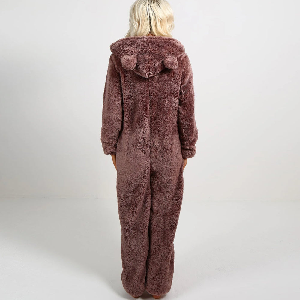 Gemütlicher Unisex Kuschel-Overall mit Bärenohren, flauschiger Hausanzug perfekt als Loungewear.